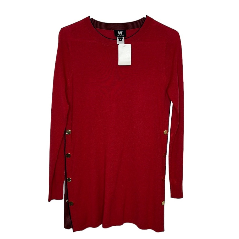 W by Worth 100% Wool Red Sweater Top Women's XS NWT Gold Snap Detail‎